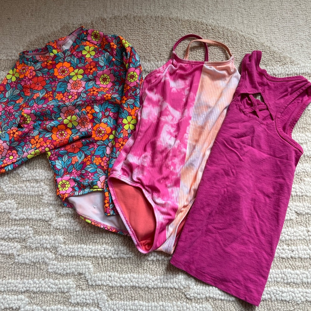 Size 6 girls swim set Colorful Floral and Tie-Dye Swimsuits with Pink Dress